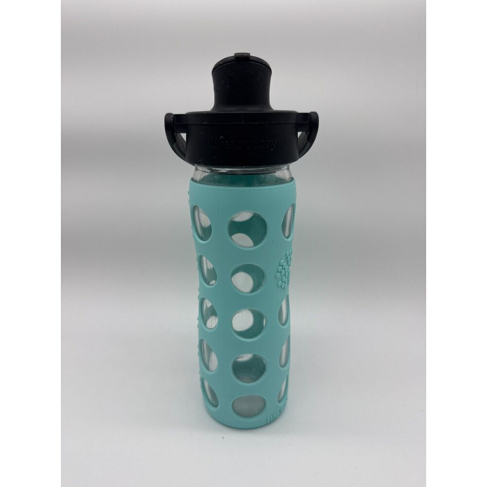 Life Factory Glass Water Bottle with Chug Silicone Sleeve Cap 14oz Green Blue